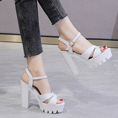 白色真皮高跟凉鞋 舒适防水台一体跳舞走秀牛皮婚鞋 女新款 轻便时尚