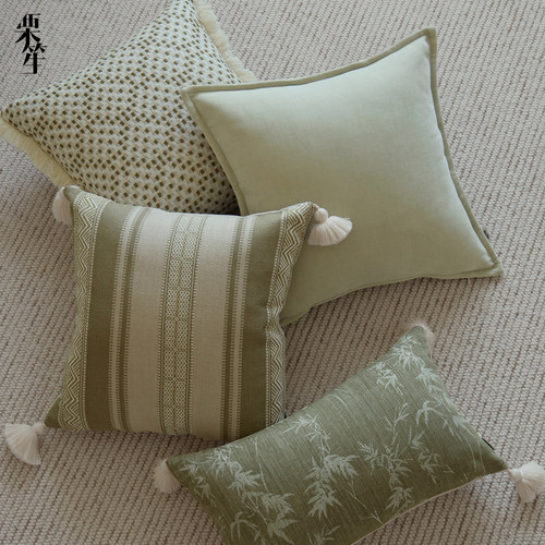中古绿色系竹叶条纹棉麻组合靠枕