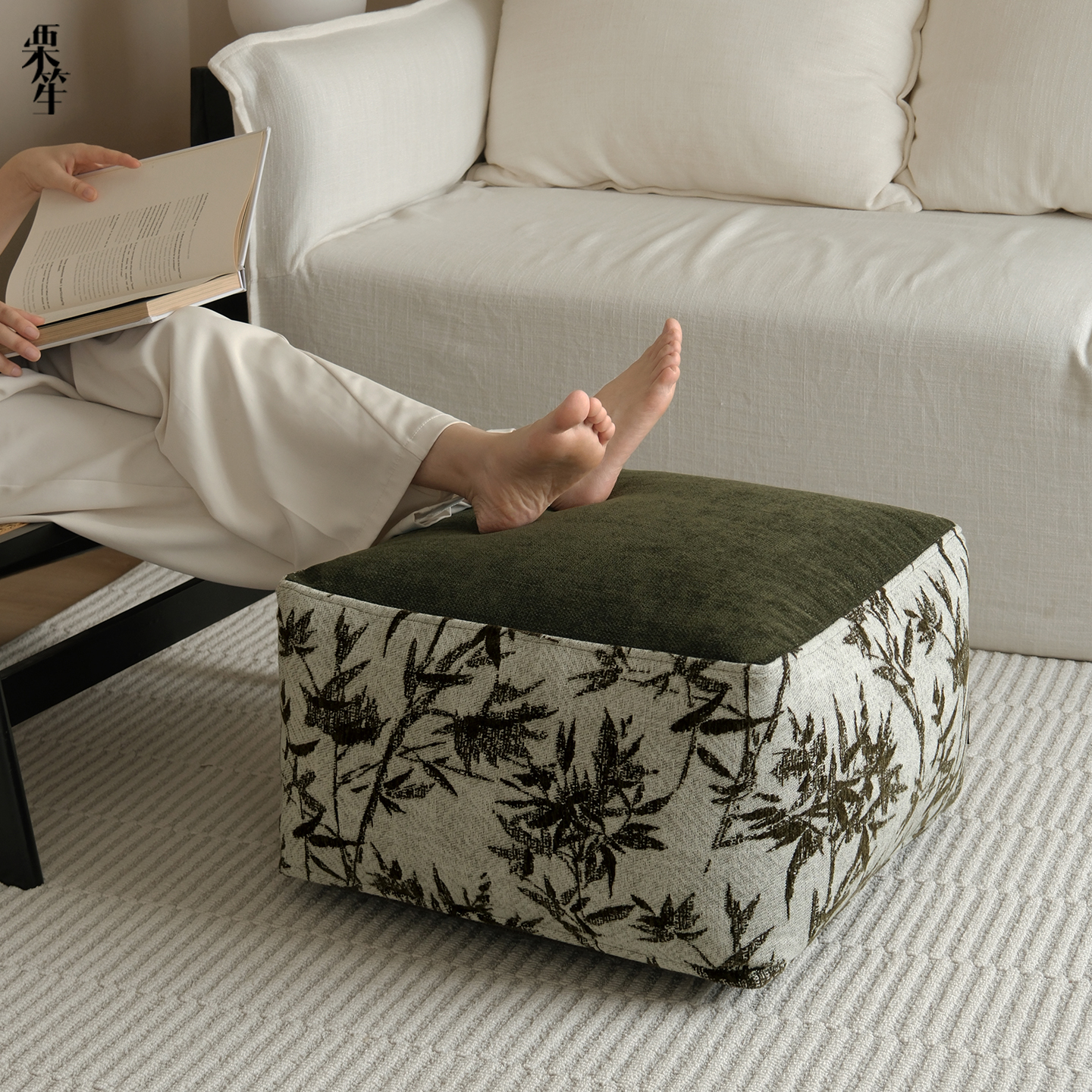新中式古风墨绿竹叶坐墩可拆洗客厅家用脚墩懒人沙发榻榻米坐垫