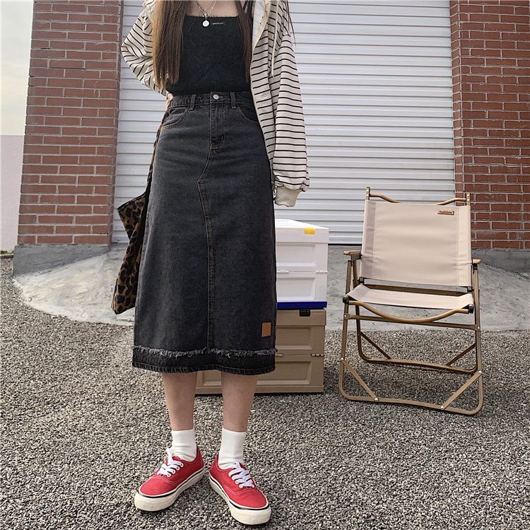 Real price ~ early spring retro Korean high waist slim medium length versatile black denim skirt A-line skirt