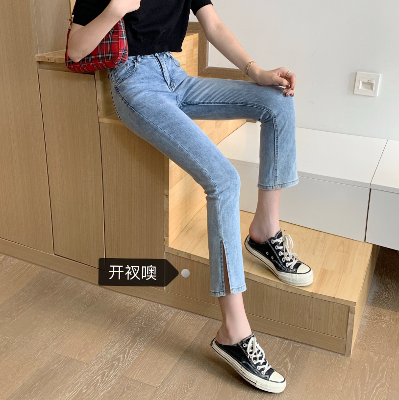 Real photo, real price, new Korean version high waist, elastic, thin, versatile, side slit straight tube jeans, cropped pants