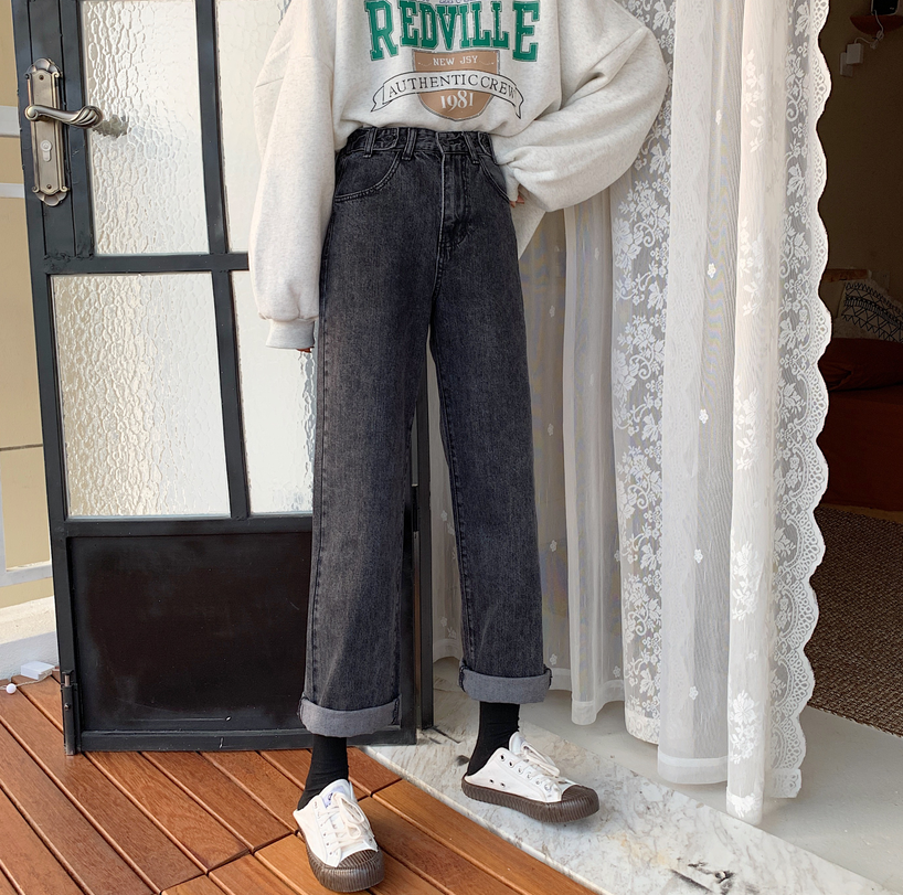 Real photo real price Korean high waist loose straight tube black jeans small man thin and sagging wide leg pants