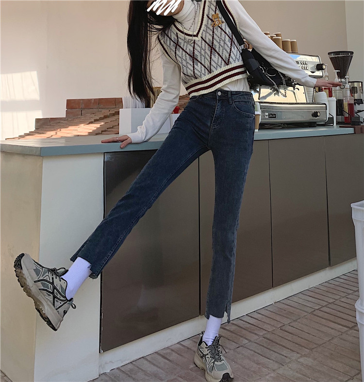 Real price ~ retro new splicing straight tube stretch high waist irregular jeans