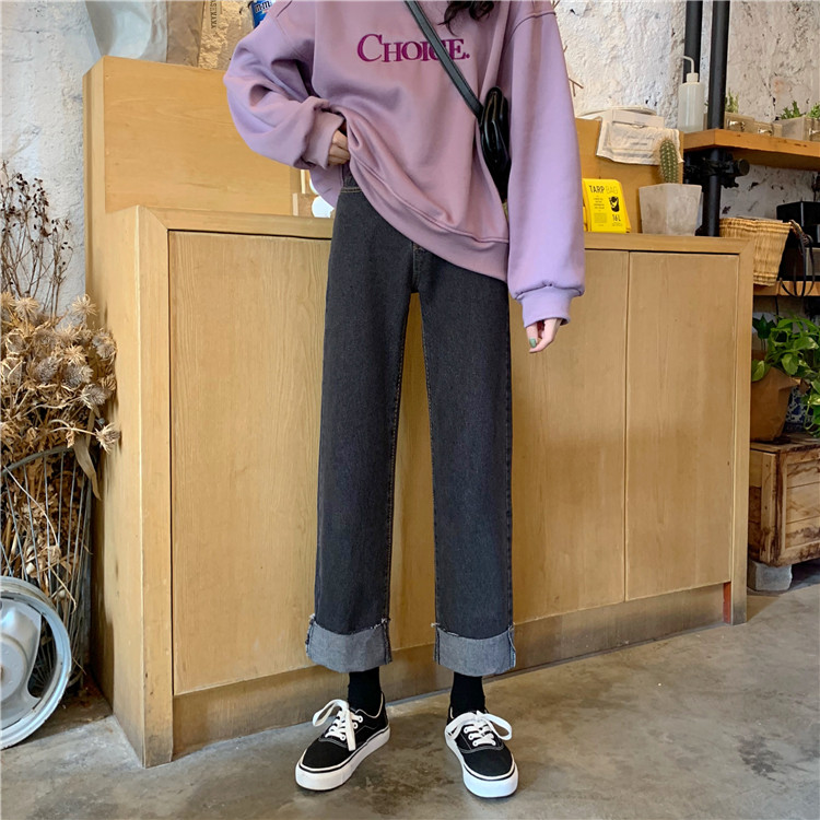 Real photo, real price, autumn, Korean version, high waist, thin, curly edge, straight tube, retro loose and wide leg jeans