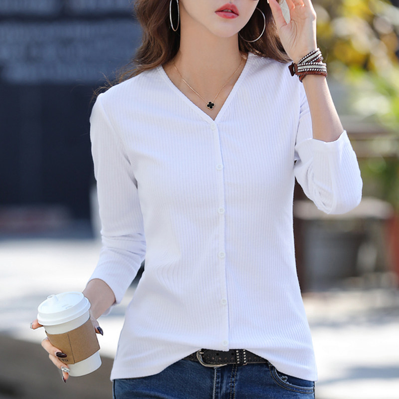 长袖t恤女2026年春装新款纯棉v领纽扣修身洋气外穿上衣体恤打底衫