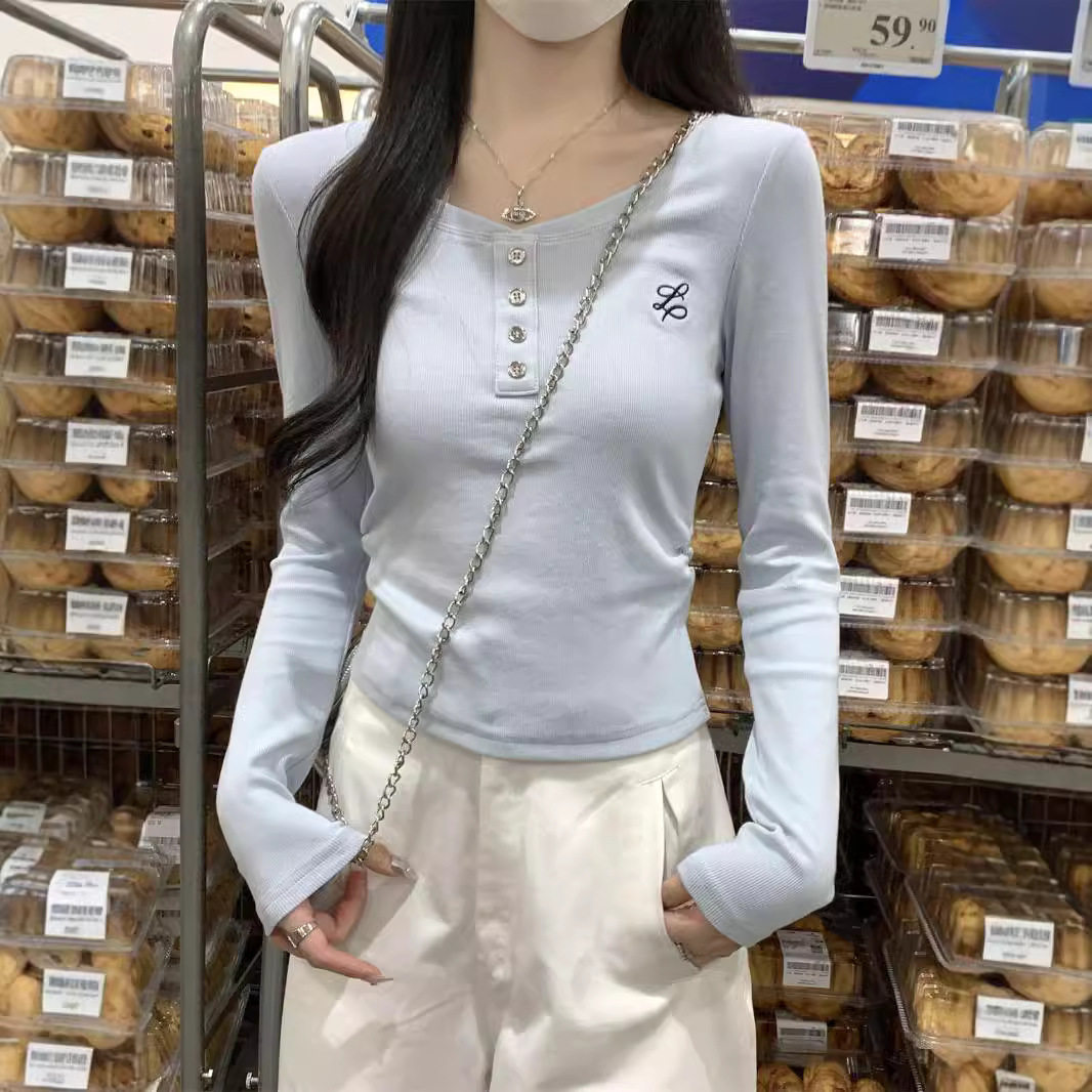 韩版小个子刺绣正肩长袖打底衫女吊带/背心/T恤/打