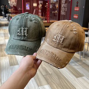 美式复古破洞做旧蓝色牛仔棒球帽子女春季潮流百搭大头围鸭舌帽男