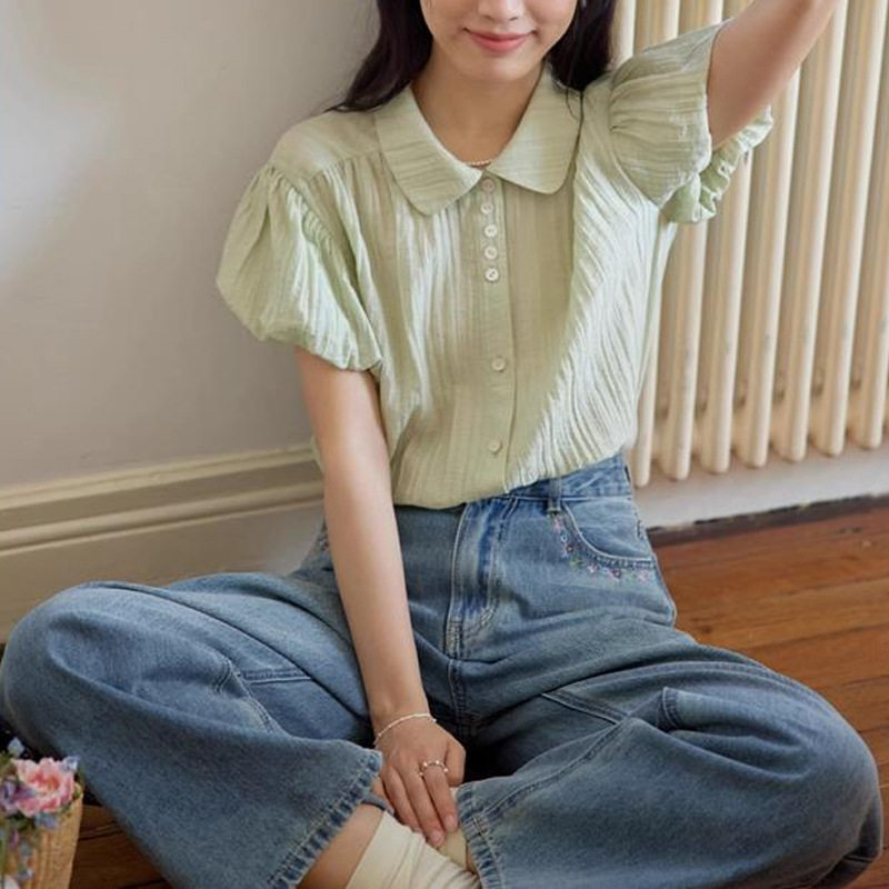 天丝衬衫女夏季新款轻薄垂感小翻领花苞袖绿色上衣