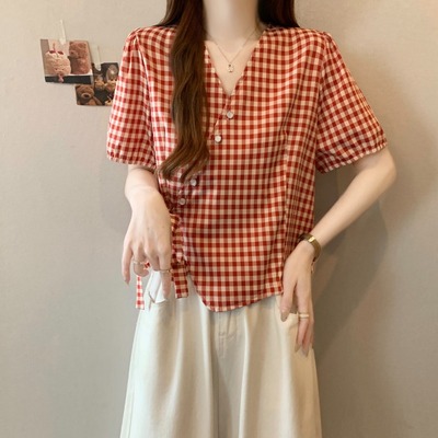 法式红色格子V领短袖衬衫大码女装胖mm夏季收腰系带遮肚衬衣上衣
