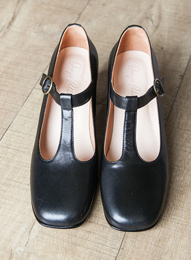 Orange Pudding |法式复古方头T带粗高跟黑色真皮玛丽珍女单鞋J44