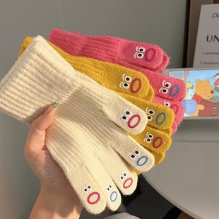 可爱搞怪丑萌表情露指触屏五指手套女秋冬季 针织毛线保暖骑车学生
