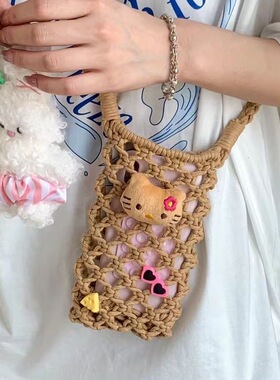 可爱黑皮小猫编织斜挎包手工diy少女心装饰小众镂空包手机包度假