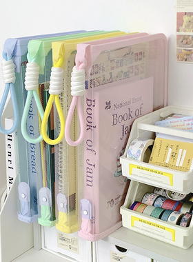 文件袋透明马卡龙色拉链大学生大容量A4学生试卷课本收纳袋手提包