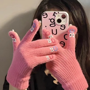 可爱搞怪丑萌表情露指触屏五指手套女秋冬季 针织毛线保暖骑车学生