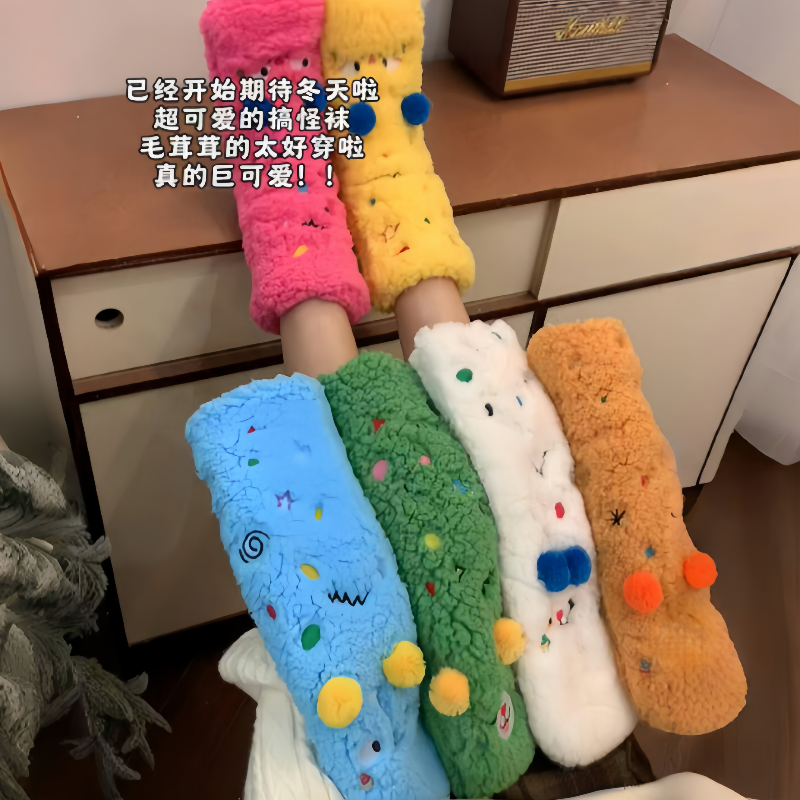 卡通地板袜女冬季加绒加厚羊羔绒居家防滑睡眠袜产后修复月子袜