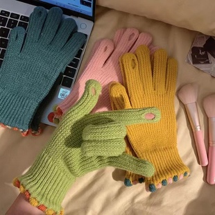 ins糖豆韩国毛线针织保暖手套冬季 女厚可触屏漏露手指头五指手袜