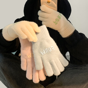 冬季 手套 韩系简约字母保暖分指五指ins针织毛线情侣百搭触摸屏款