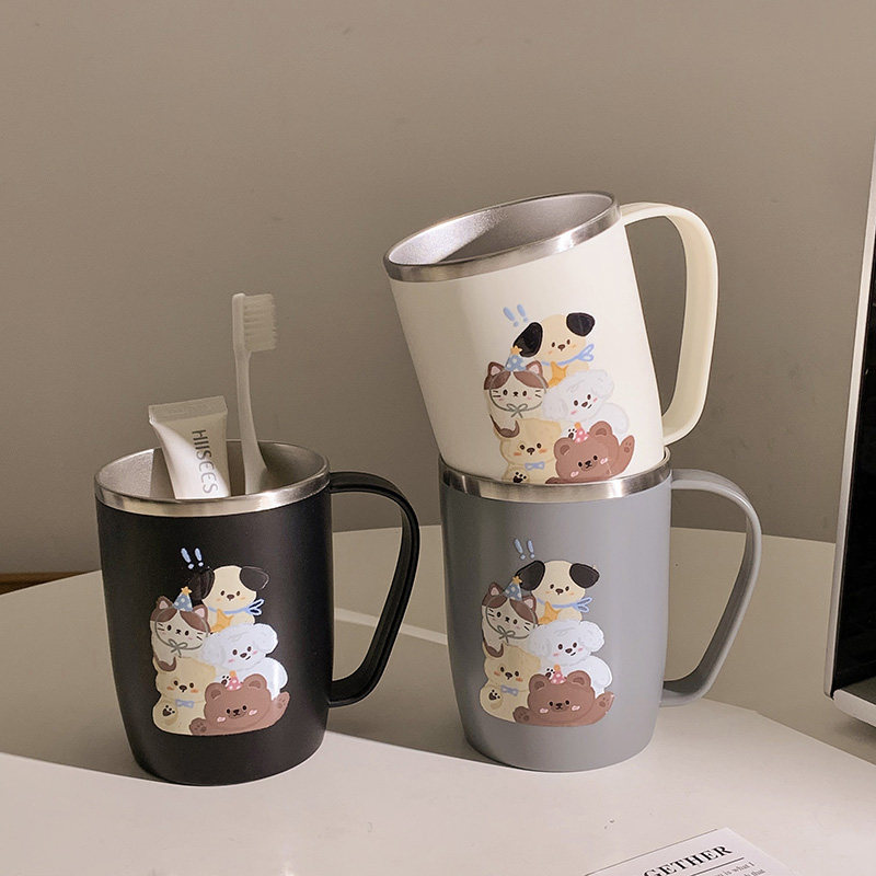 轻奢萌宠家族304不锈钢洗漱杯带把手防烫情侣款一家人卡通时尚杯