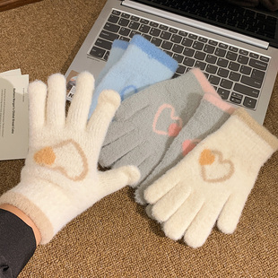 冬季 可爱爱心露指加厚触屏手套保暖学生骑行防风防寒毛绒针织手套