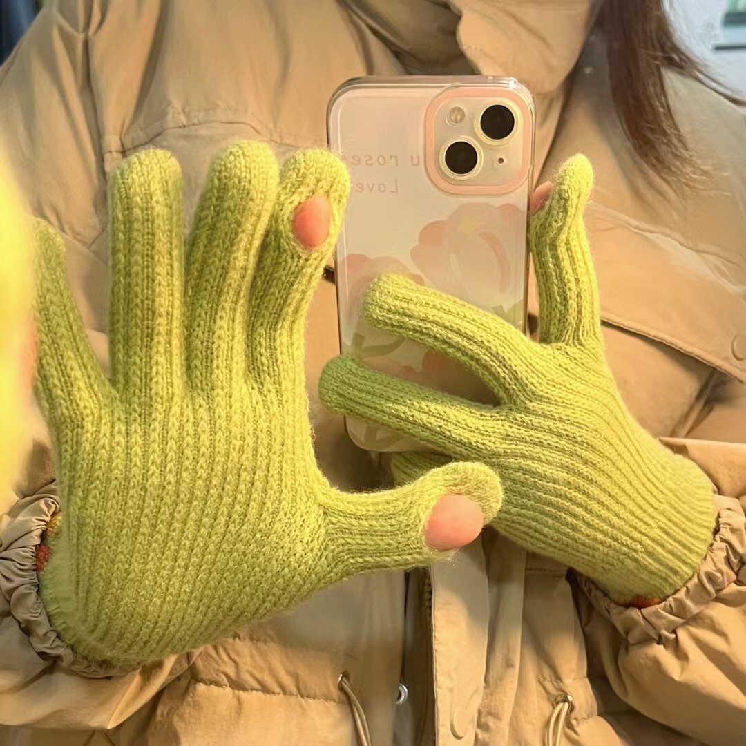 小糖豆漏指加绒加厚保暖毛线针织