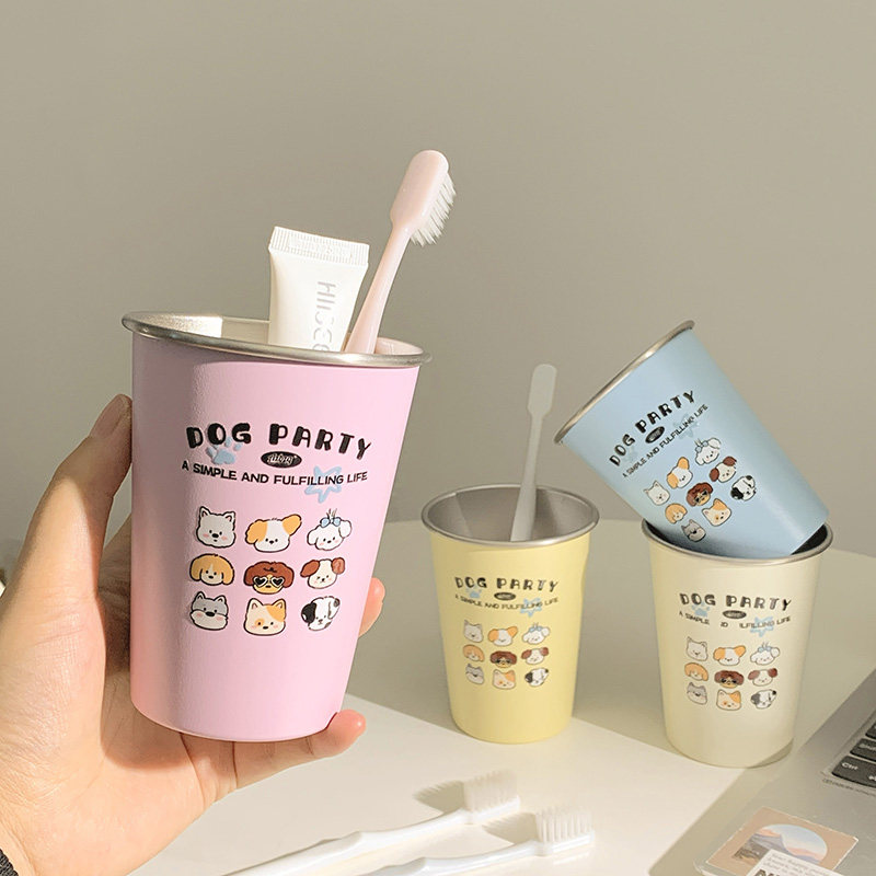 高颜值小狗家族304洗漱情侣可爱牙刷不锈钢简约漱口杯家用刷牙杯