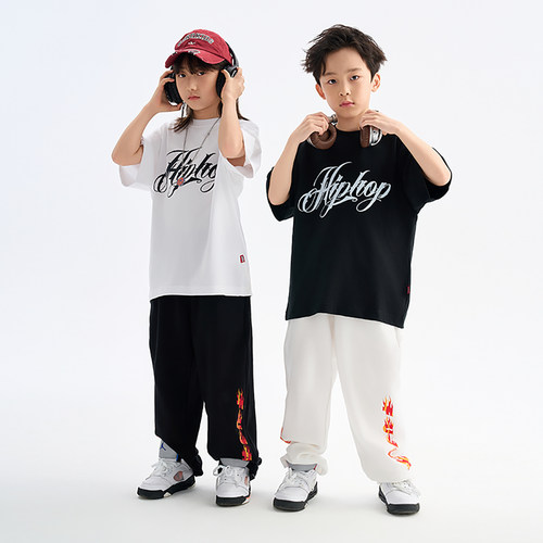 FUJAM儿童街舞潮服童装hiphop字母印花纯棉T恤少儿帅气好看演出服