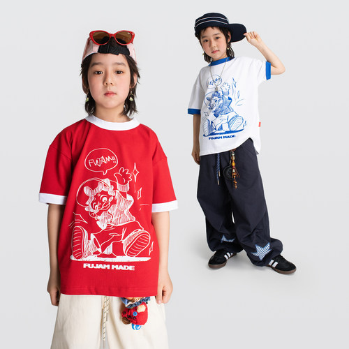 FUJAM童装hiphop街舞T恤潮牌撞色男女童涂鸦印花复古演出服短袖
