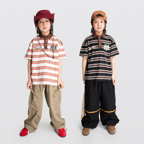 FUJAM潮牌童装男童Polo衫美式复古条纹宽松短袖上衣日常演出服装