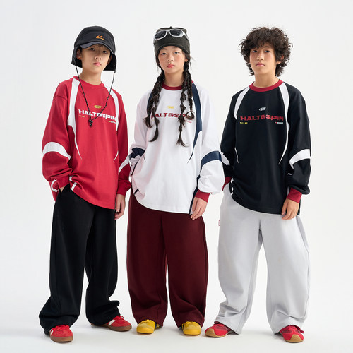FUJAM儿童潮牌美式拼色印花长袖球衣风T恤少儿街舞hiphop演出服装