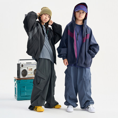 FUJAM儿童潮牌童装立领宽松休闲长袖复古运动夹克男女童连帽外套