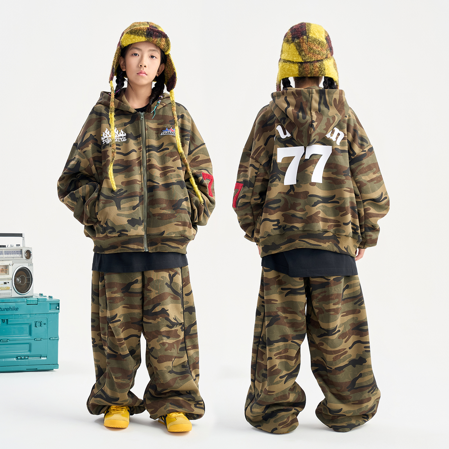 FUJAM儿童街舞潮牌迷彩开衫连帽卫衣套装美式复古外套hiphop服装