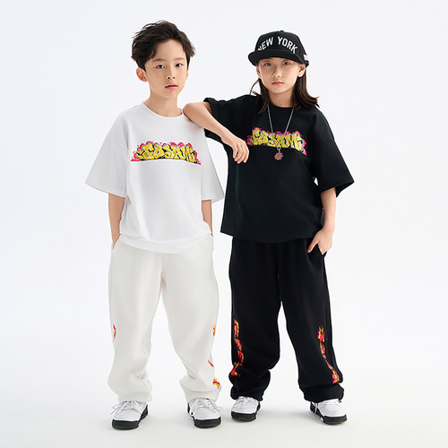 FUJAM国潮牌童装儿童hiphop跳舞衣服少儿街舞演出服短袖长裤套装