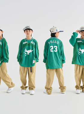 FUJAM潮牌童装嘻哈街舞美式复古绿色长袖帅气套装hiphop嘻哈服装
