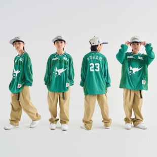 hiphop嘻哈服装 FUJAM潮牌童装 帅气套装 复古绿色长袖 嘻哈街舞美式
