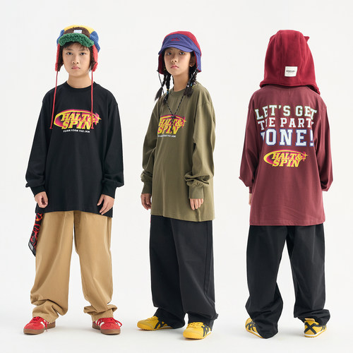 FUJAM儿童街舞潮牌男女童嘻哈hiphop美式印花长袖T恤秋季演出服装