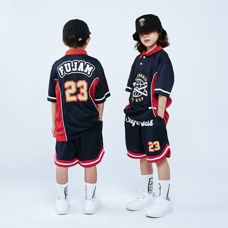 嘻哈潮牌新款少儿街舞套装男童hiphop服装短袖裤子帅气女孩演出服