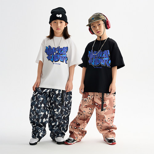 FUJAM童装少儿街舞演出服美式涂鸦印花短袖T恤套装hiphop跳舞衣服