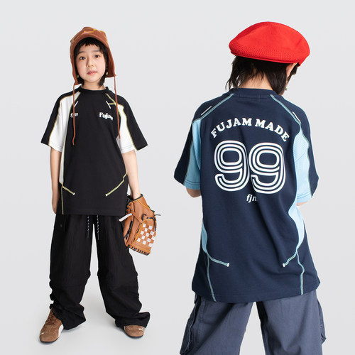 FUJAM凉感抑菌速干哈苏线短袖男女童美式夏季宽松休闲户外运动t恤