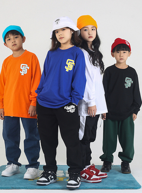 国潮童装简约字母宽松圆领长袖T恤纯棉打底衫hiphop嘻哈街舞体恤