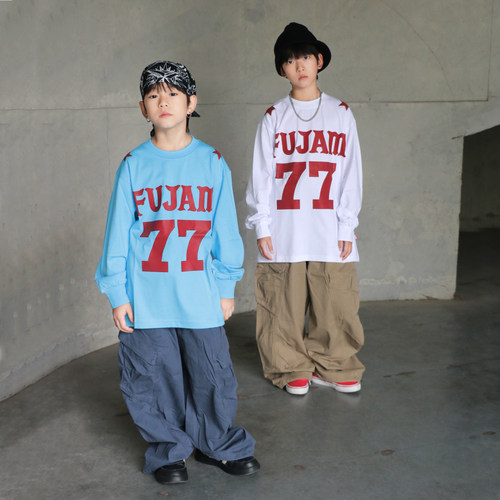 FUJAM潮牌童装男女童嘻哈hiphop美式印花长袖T恤少儿街舞演出服装