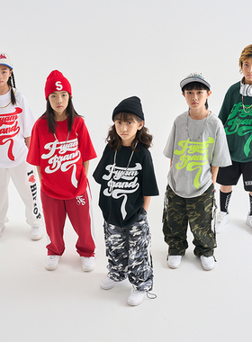 服酱hiphop童装美式复古纯棉多色短袖帅气套装儿童街舞bboy演出服