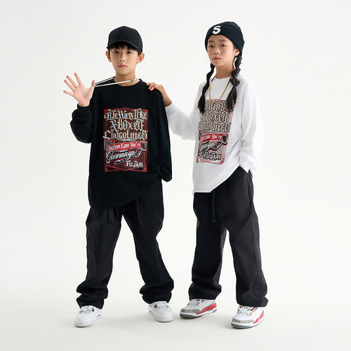 FUJAM儿童街舞潮牌少儿hiphop美式涂鸦长袖嘻哈跳舞帅气演出服装