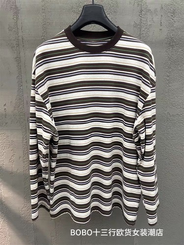 欧货bobo1972松驰感杏咖条长袖T恤上衣女慵懒风百搭宽松打底衫