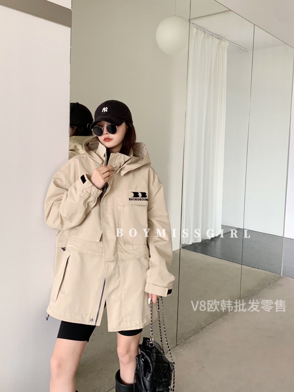 欧货BOYMISSGIRL秋装新款中长款休闲粉色工装冲锋衣外套宽松风衣
