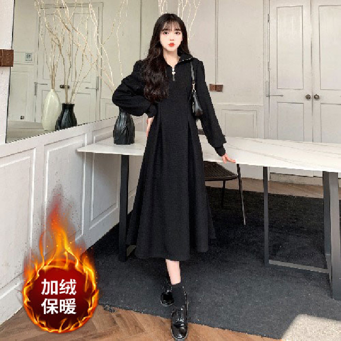 大码女装加绒加厚中长款卫衣裙秋冬季胖mm法式气质内搭打底连衣裙