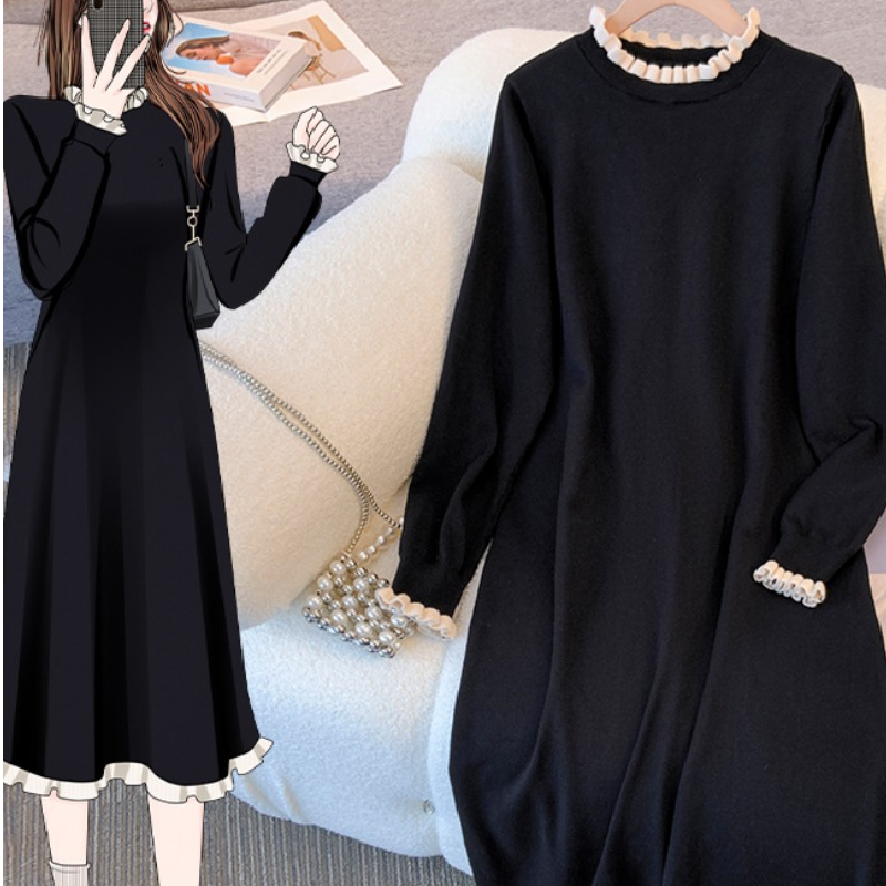 2025年新款高级感长裙黑色内搭打底裙长袖针织连衣裙子女秋冬裙子