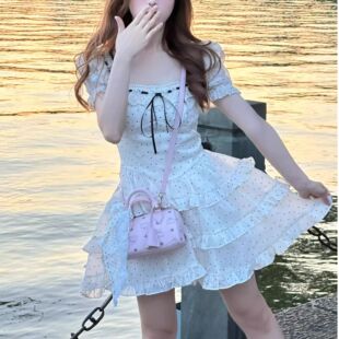 法式公主裙甜美风连衣裙蛋糕裙领收腰仙女短裙子打底森女系波点裙