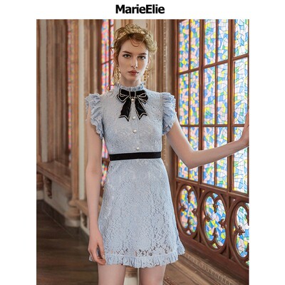 Marie Elie祁梦荷叶边蕾丝连衣裙E2812M07051
