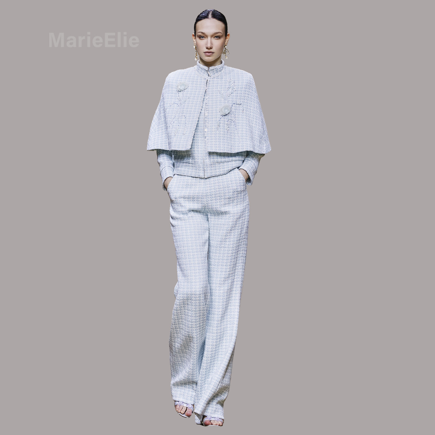 Marie Elie春秋千鸟格阔腿裤套装女时髦通勤风三件套浅蓝色