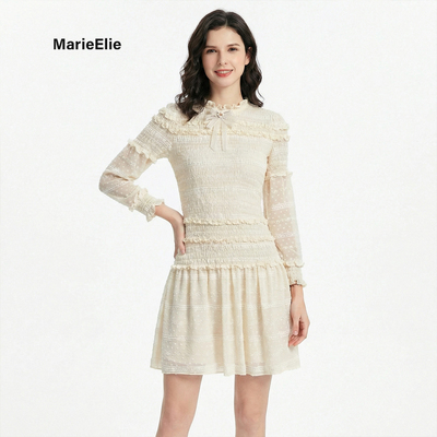 法式甜美白蕾丝荷叶边收腰礼服